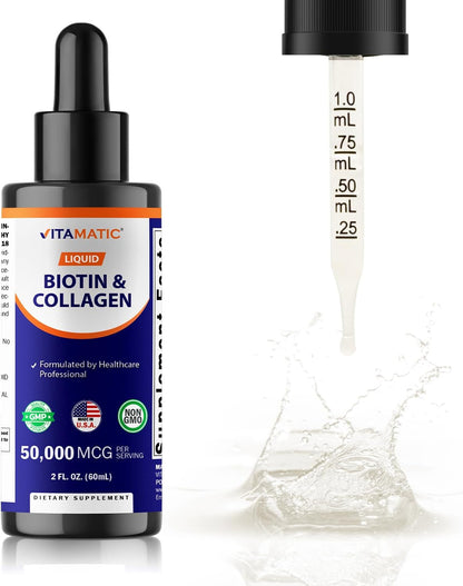 Vitamatic Liquid Biotin & Collagen Drops – 50,000 mcg – 60 ml – Supports Normal Hair, Skin & Nails – for Women and Men