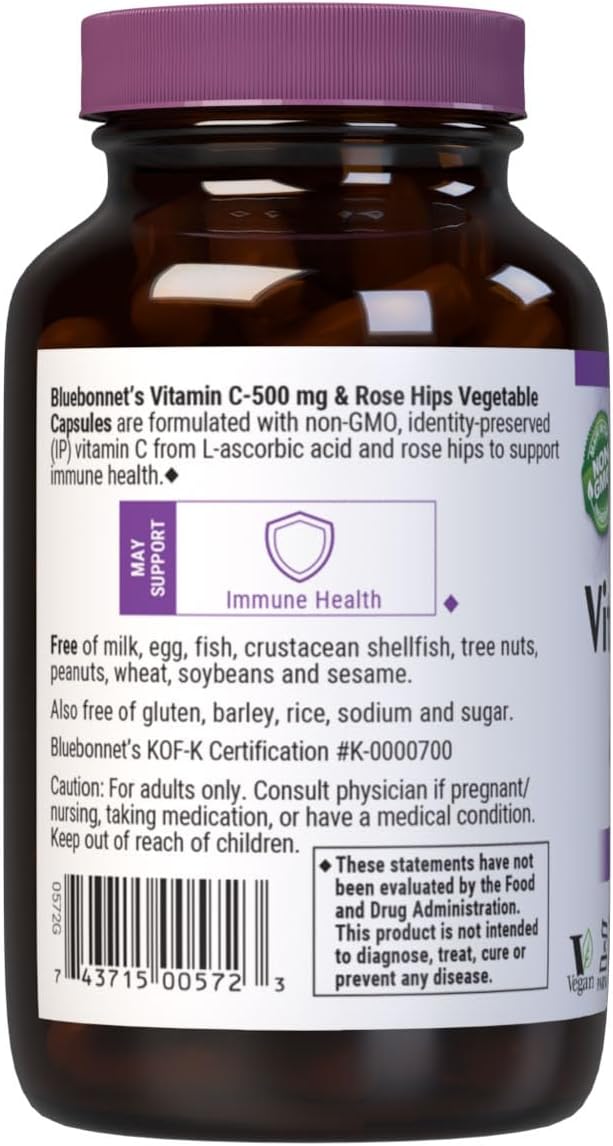 Bluebonnet Nutrition Vitamin C 500 mg Plus Rose Hips, 90 Vegetable Capsules - görsel 3