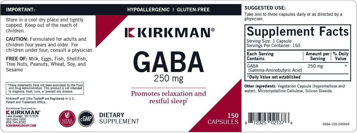 Kirkman GABA 250 mg - Hypoallergenic, 150 Capsules - görsel 3