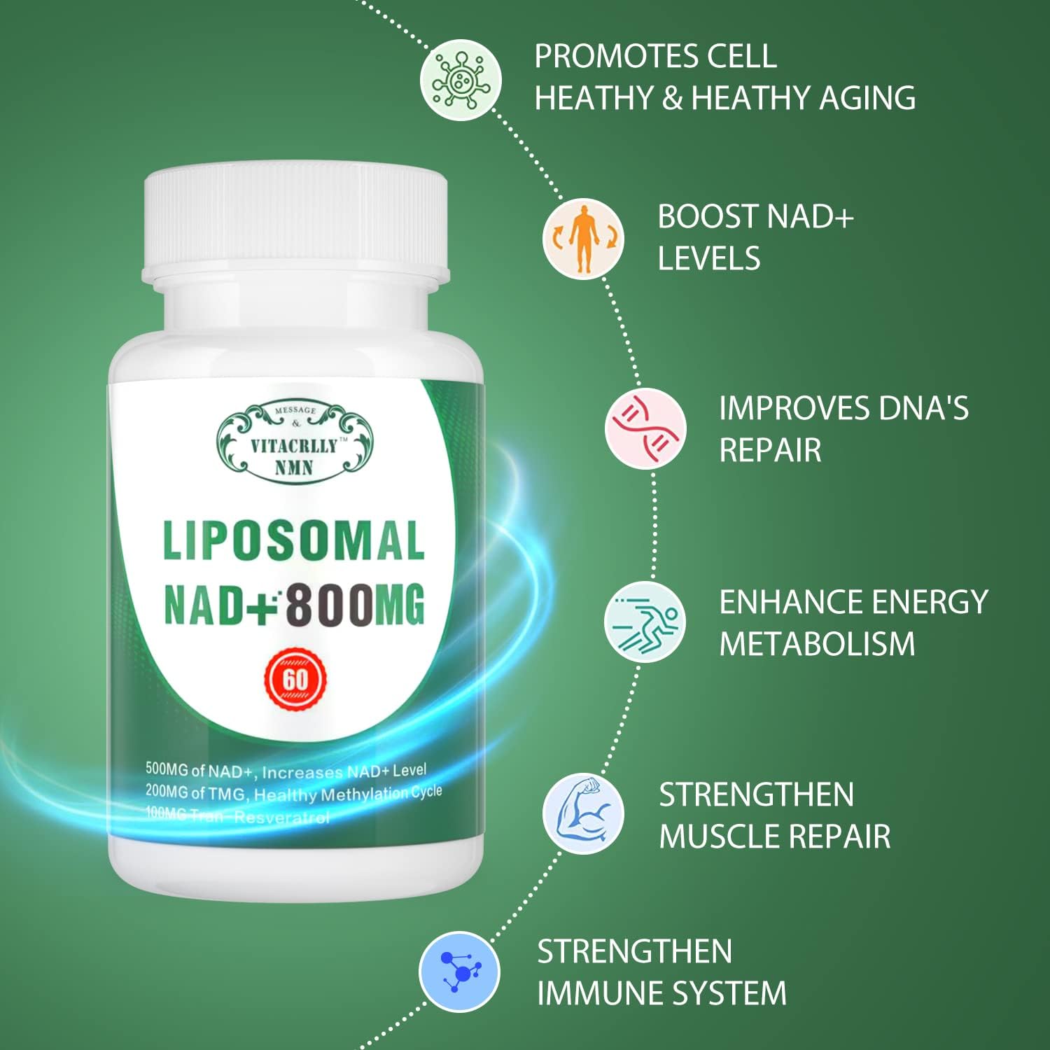 NAD+ Supplement Liposomal NAD+ Plus 800MG Nicotinamide Riboside Alternative for Cell Energy, Healthy Ageing and Muscle Repair 60 Capsules - görsel 6
