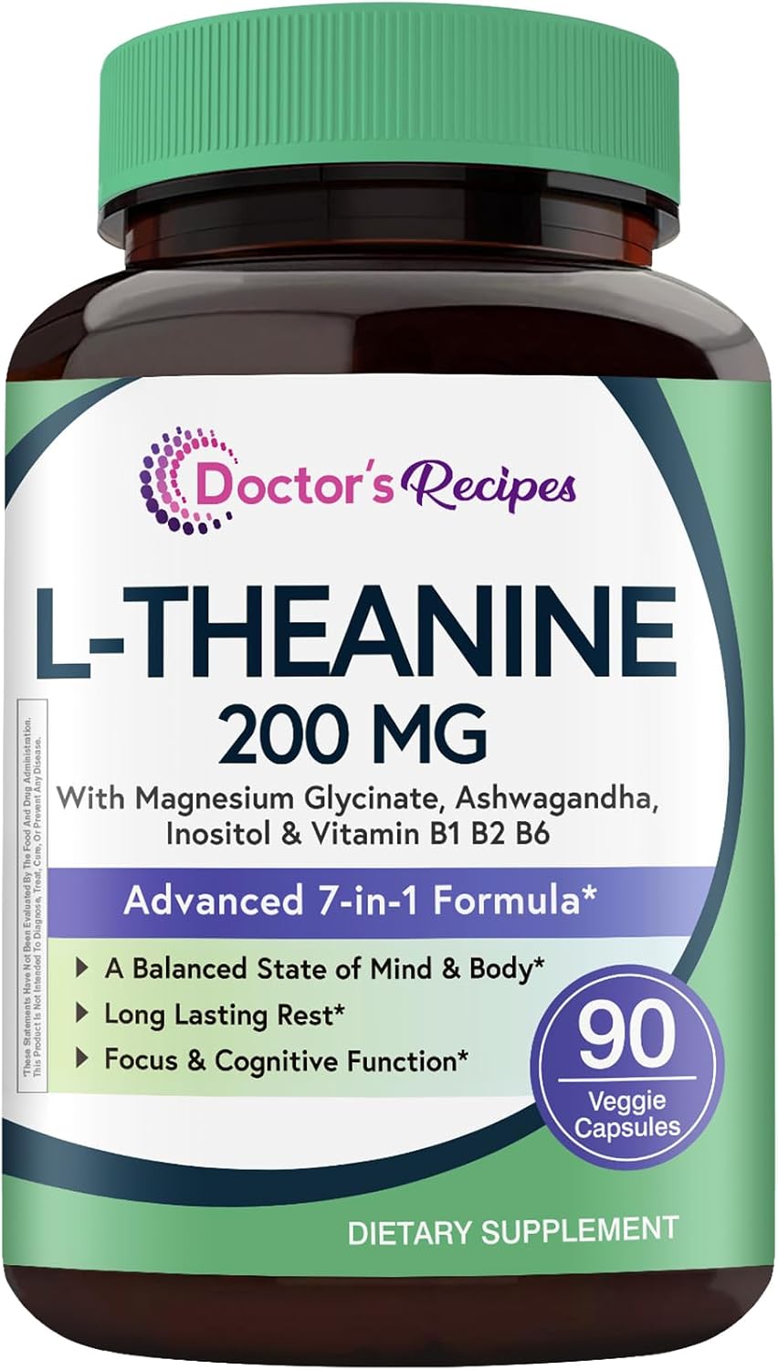 Doctor's Recipes L-Theanine 200mg with Magnesium Glycinate, Ashwagandha, Inositol, B6, B1, B2 - Calm and Focus Support, Vegan, 90 Capsules - görsel 1
