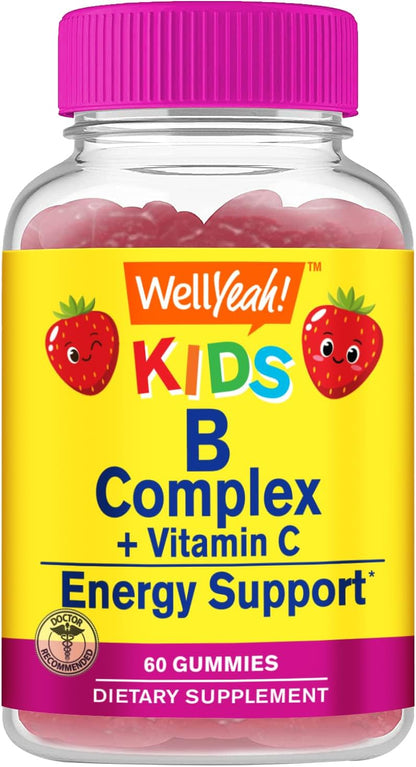 WellYeah B Complex Gummies for Children - with Vitamin C, Niacin, Vitamin B6, Folic Acid, Vitamin B12, Biotin & Pantothenic Acid - 2 Month Supply - Strawberry Flavour - Non GMO, Gluten-free - 60 Gummies