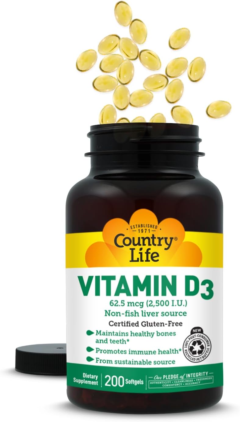 Country Life Vitamin D3 2500 IU – Non-Fish Derived, High Strength Vitamin D3 for Bone Health, Immune Support & Calcium Absorption – Certified Gluten-Free, 200 Softgels - görsel 2