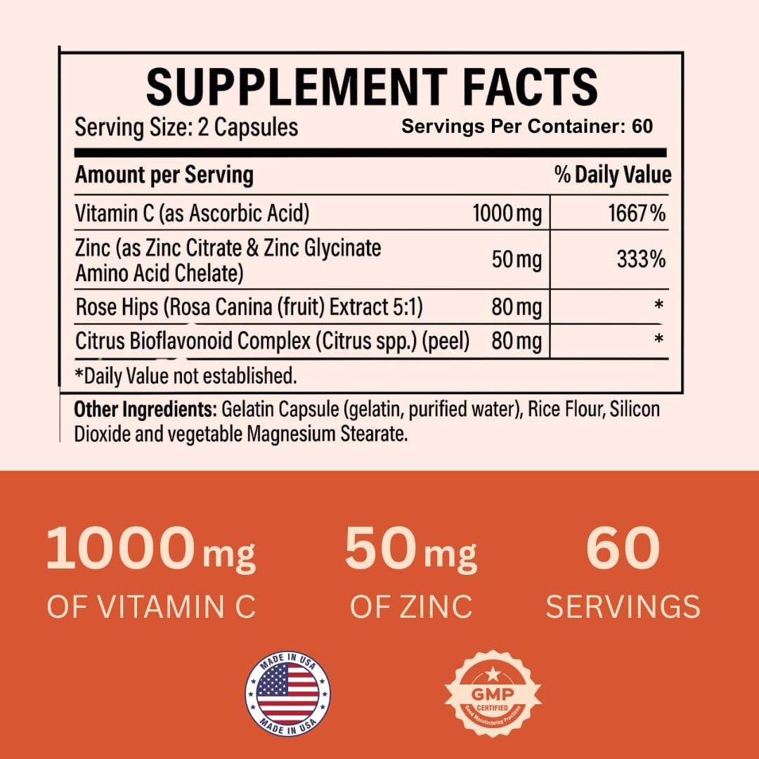 Vitamin C 1000mg with Zinc, Rose Hips and Citrus Bioflavonoids - 120 Capsules - görsel 2