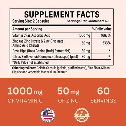 Vitamin C 1000mg with Zinc, Rose Hips and Citrus Bioflavonoids - 120 Capsules