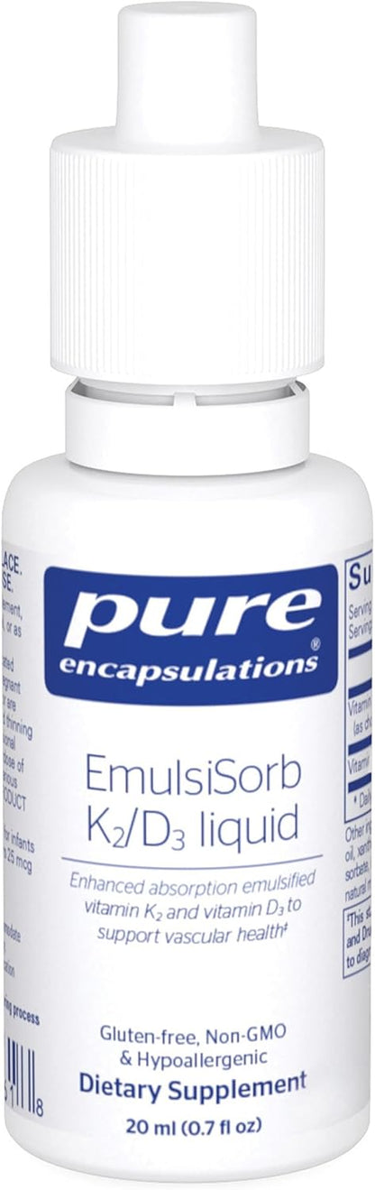 Pure Encapsulations EmulsiSorb K2/D3 Liquid – Enhanced-Absorption Emulsified Vitamin K2 and D3 for Vascular Health, 20 ml