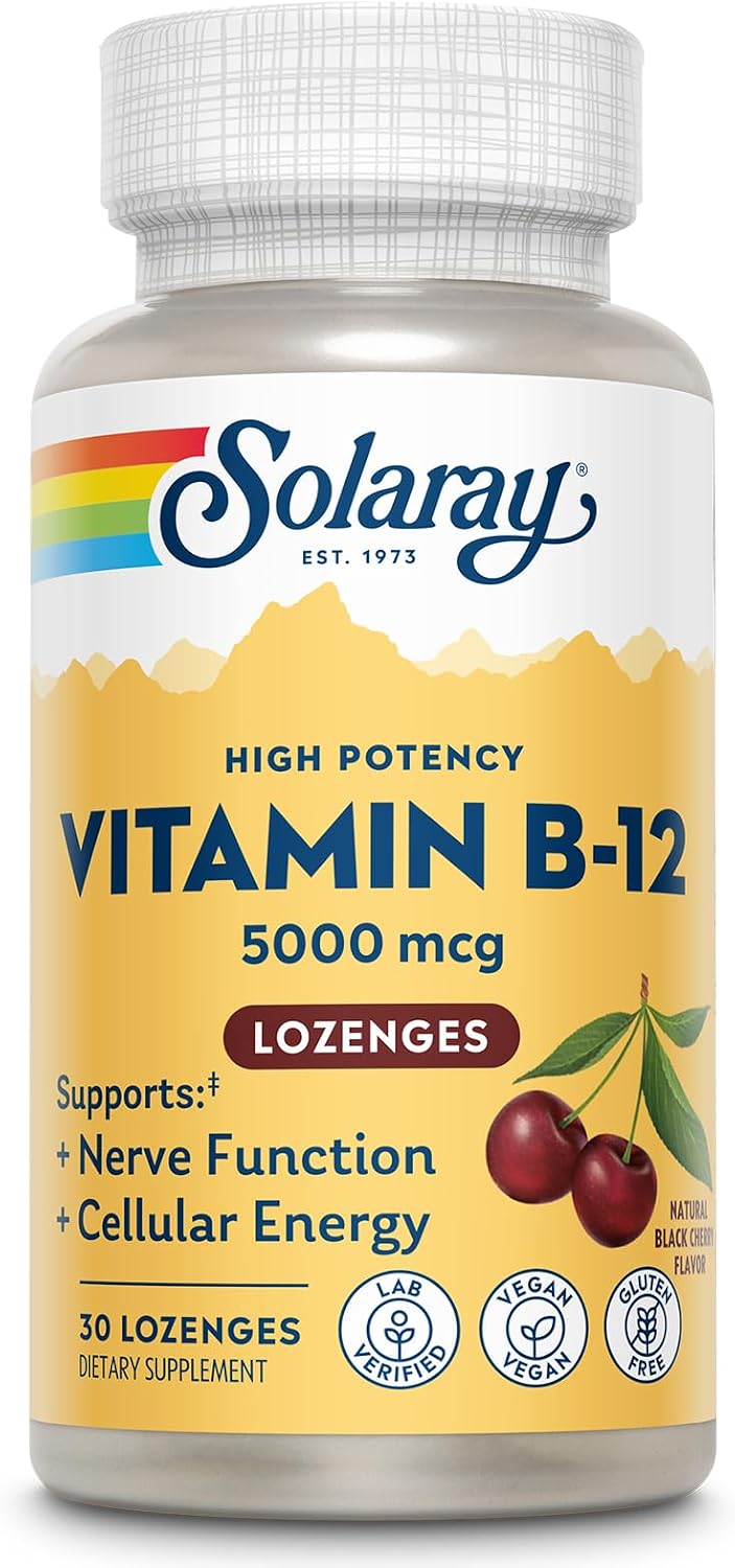 Solaray Vitamin B-12 5000mcg Lozenges - Methylcobalamin for Energy & Nerve Health, Natural Cherry, 30 Count - görsel 1