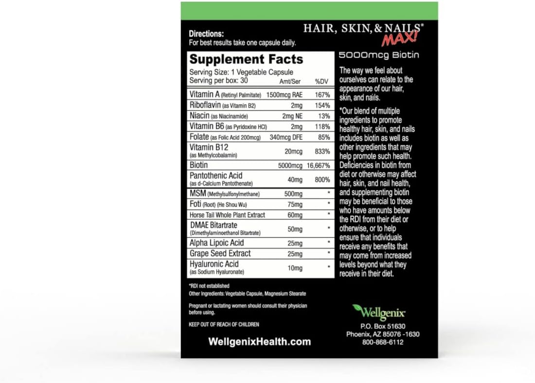 Wellgenix Purvana MAX Hair, Skin and Nails Supplement – 5000mcg Biotin with MSM & B-Complex – 60 Veggie Capsules (2 Pack) - görsel 7