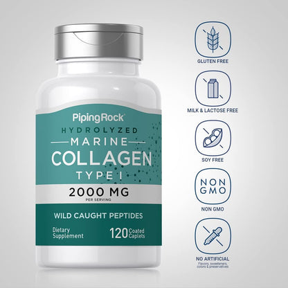 Piping Rock Marine Collagen Peptides Caplets | 2000mg | 120 Count | Wild Caught Type 1 Supplement for Men and Women | Non-GMO, Gluten-free