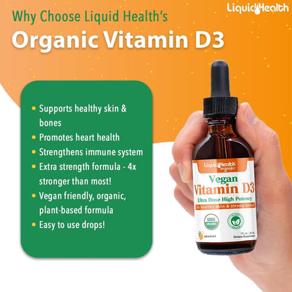 LIQUIDHEALTH Vitamin D3 4000 IU, USDA Organic Vitamin D Liquid Drops for Adults & Kids, Vegan Vitamin D for Immune System Support and Bone Health - Made in USA (2 Pack)
