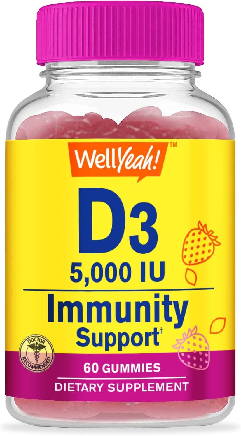 WellYeah Vitamin D3 5000 IU (125 mcg) Extra Strength Gummies - for Bone Health, Immune Support, Teeth - Non-GMO, Gluten-free, Nut Free, Vegetarian - Strawberry Flavour - 60 Gummies - görsel 1