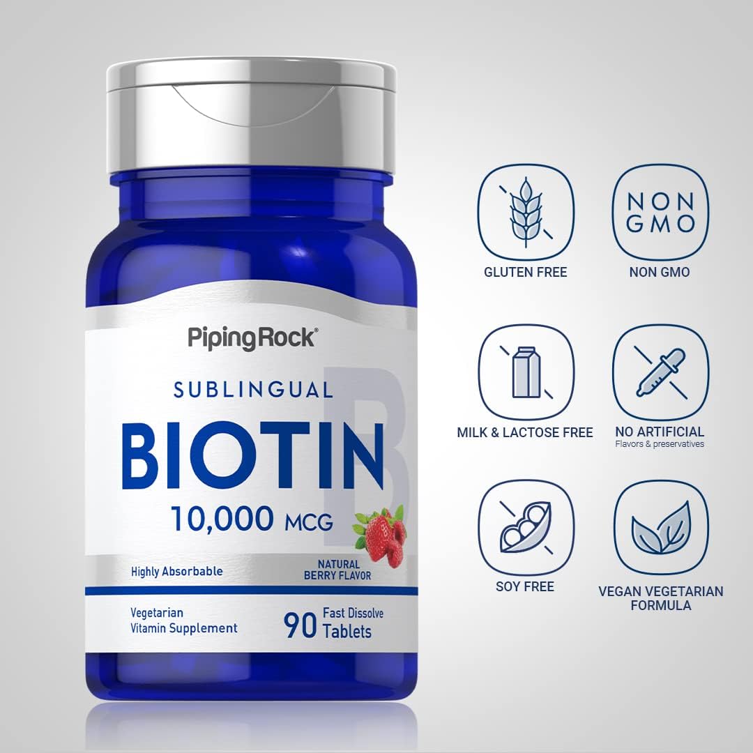 Piping Rock Biotin 10000mcg Fast Dissolve Tablets, Berry Flavour, 90 Tablets - görsel 3