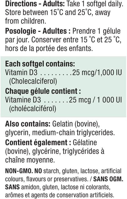 Jamieson Vitamin D 1000 IU (25 mcg) Softgels, 180 Count