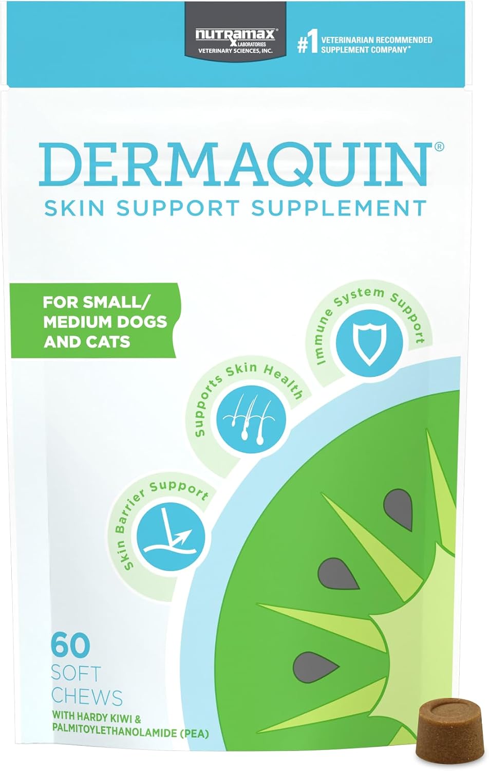 Nutramax Dermaquin Skin Support Supplement for Dogs and Cats - with Hardy Kiwi & Omega-3s, 60 Soft Chews - görsel 1