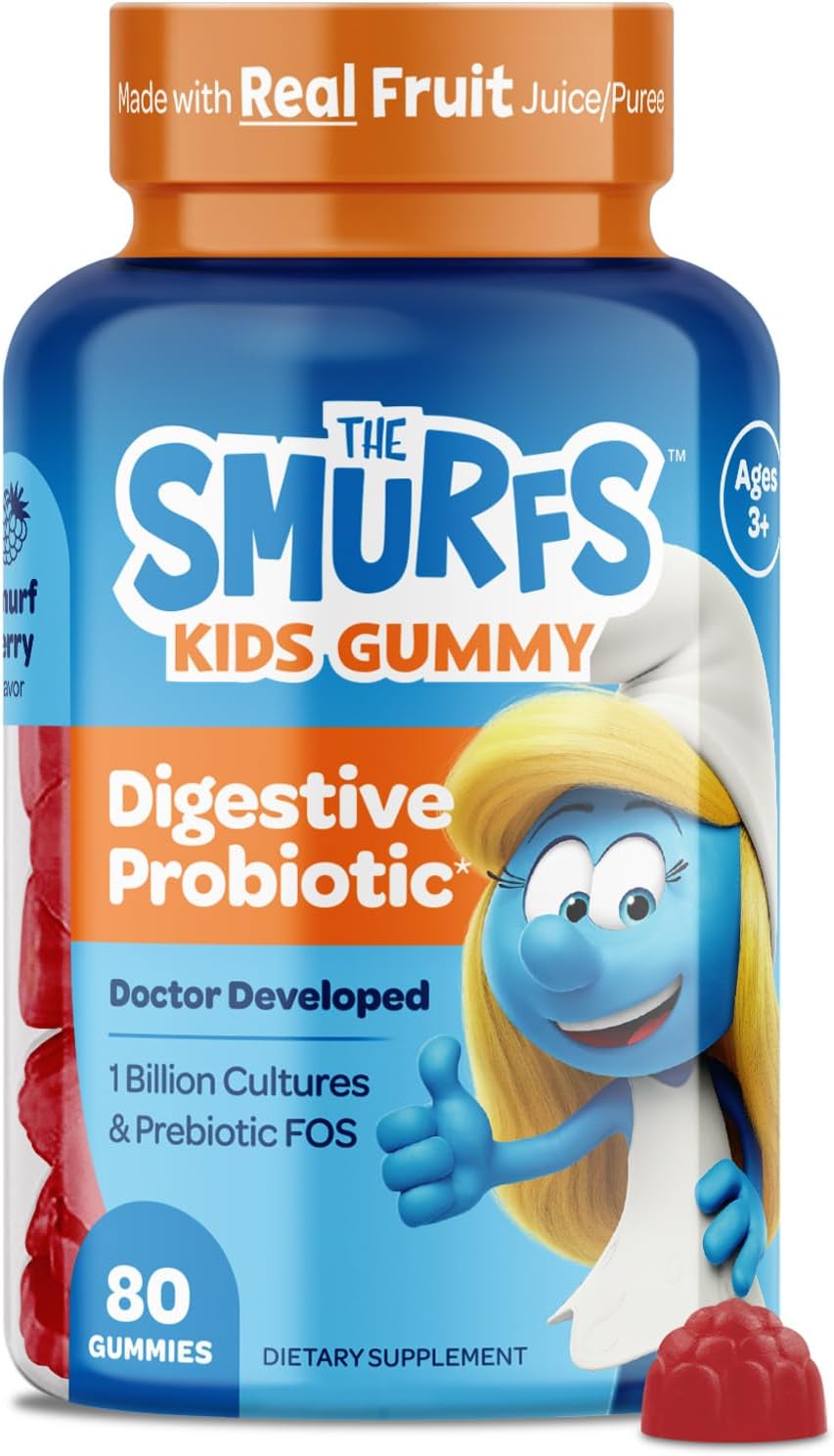 The Smurfs Kids Probiotic Gummies - 1 Billion CFU Probiotics & Prebiotics for Digestive & Immune Support, Ages 3+, Made with Real Fruit, 80 Count - görsel 1