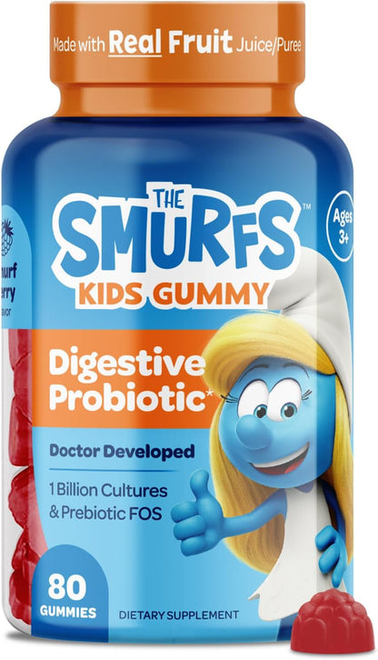 The Smurfs Kids Probiotic Gummies - 1 Billion CFU Probiotics & Prebiotics for Digestive & Immune Support, Ages 3+, Made with Real Fruit, 80 Count