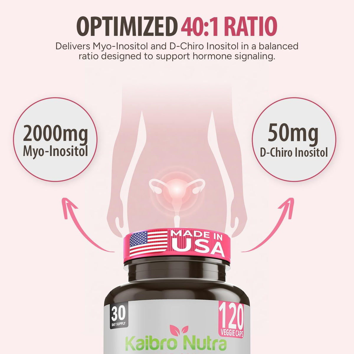 Kaibro Nutra Myo-Inositol Supplement, Myo-Inositol & D-Chiro Inositol 40:1 Ratio, Women's Health Support with Vitamin B8, 2050mg, Vegan, Non-GMO Capsules (120 Count) - görsel 4