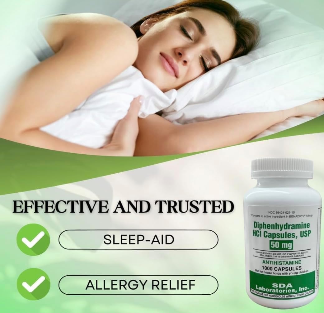 SDA LABORATORIES Diphenhydramine 50mg Allergy Relief - 1000 Capsules - görsel 6