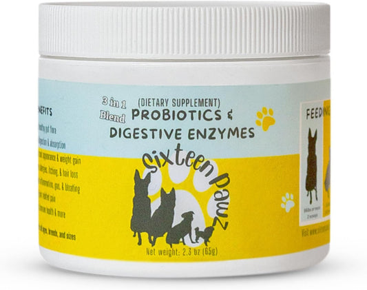 Sixteen Pawz Dog & Cat Probiotics, Prebiotics & Digestive Enzymes – Flavourless Powder for Digestive Health – Organic, Made in the USA – 65g Bottle