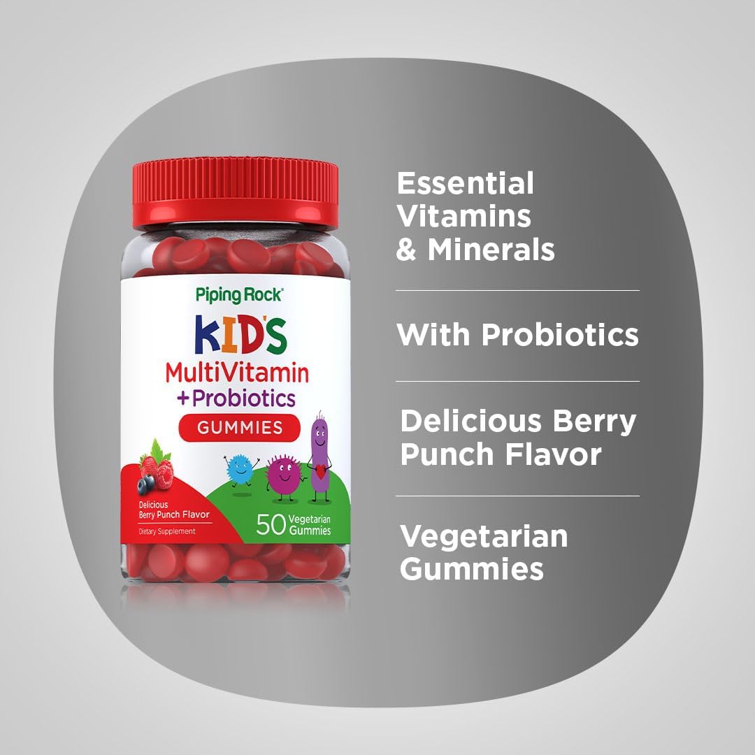 Piping Rock Children's Multivitamin Gummies with Probiotics - 50 Berry Punch Chewables - görsel 4