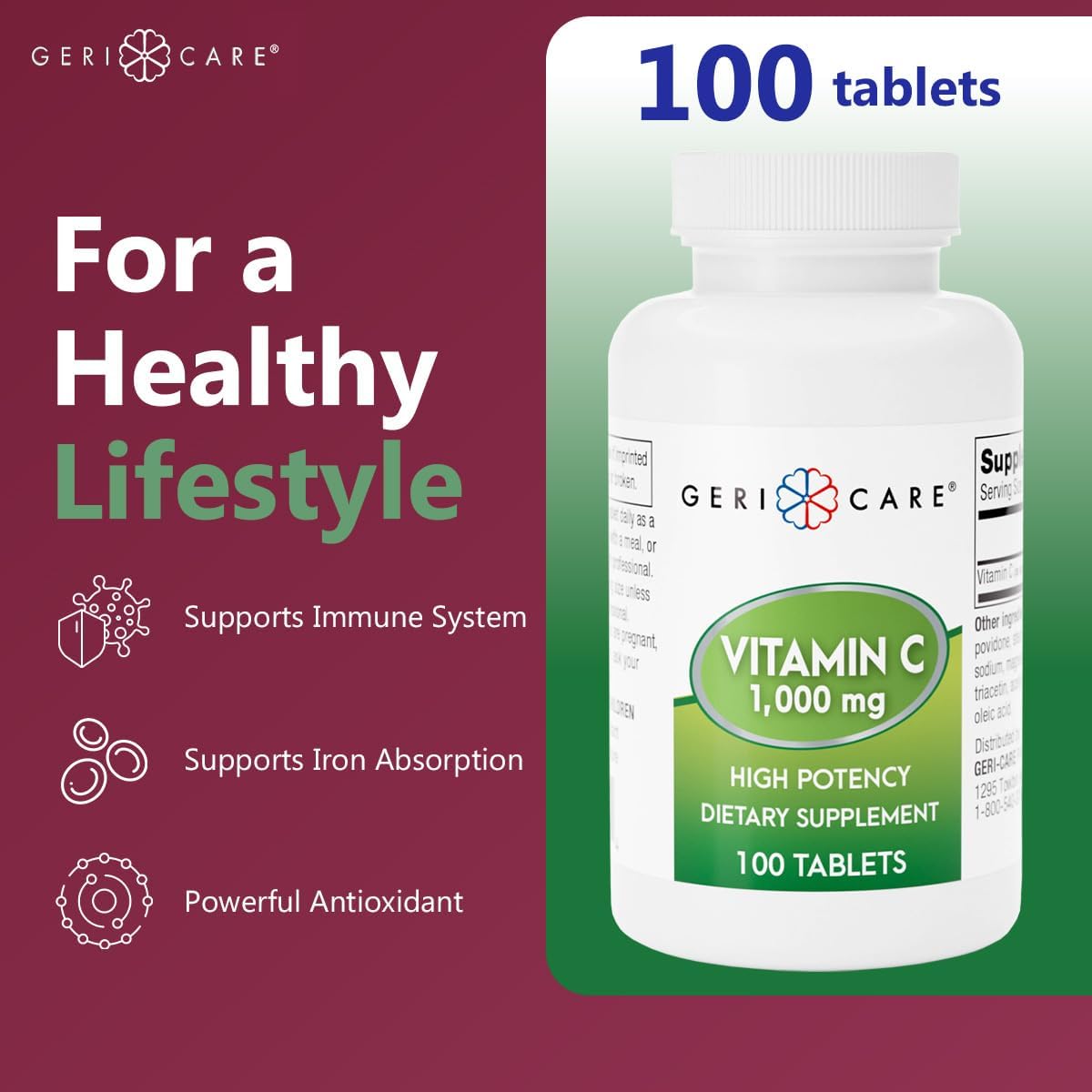 GeriCare Vitamin C 1000 mg – High Potency 100 Tablets - görsel 2
