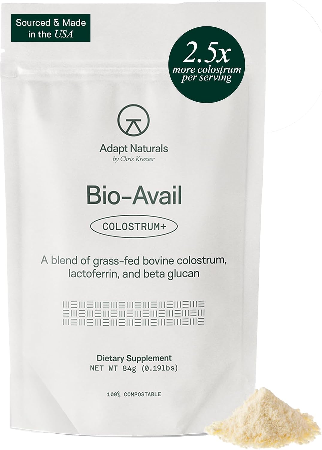 Adapt Naturals Bio-Avail Colostrum+ with Lactoferrin & Beta-Glucan - Grass Fed Bovine Colostrum Powder, 2500mg, 30 Servings - görsel 1