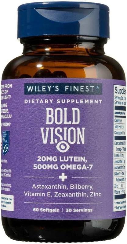 Wiley's Finest Wild Alaskan Fish Oil Bold Vision - Eye Health Food Supplement with Lutein and Omega-7 - 60 Softgels