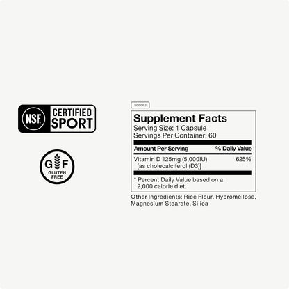 Momentous Vitamin D3 Supplement - 5,000 IU - NSF Certified for Sport - Gluten-free - 60 Capsules