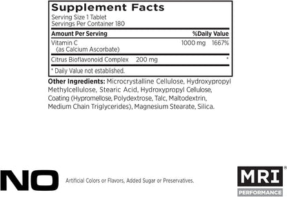 MRI Vitamin C 1000mg, Immune and Skin Health, with Bioflavonoids (180 Tablets)