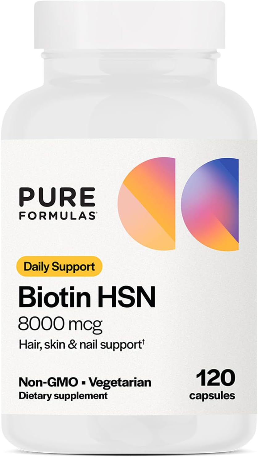 PureFormulas Biotin 8000 mcg Hair Skin Nails Supplement, Vitamin B7 Capsules for Women and Men, 120 Count - görsel 1