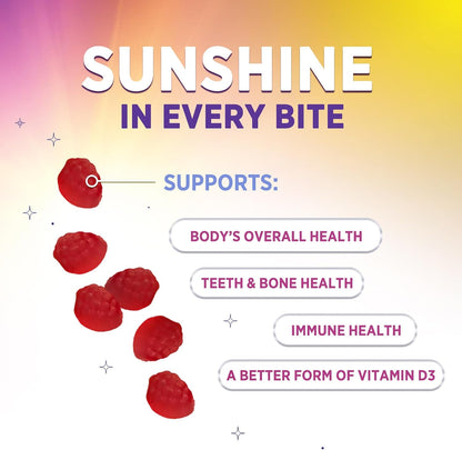 Vitamin D3 Gummies 125 µg (5000 IU) Per Serving - Triple Strength Immune & Bone Support, Vitamin D Gummy Food Supplement, Nature's Berry D Vitamin Supplement, Raspberry Flavoured - 60 Gummies