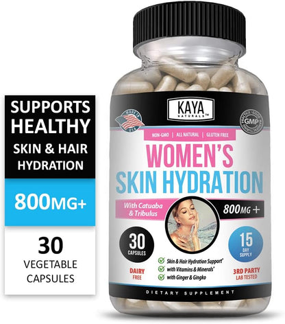Kaya Naturals Skin Hydration Vitamins for Women - Hydration Booster, Anti-Ageing, Energy & Mood Support, 30 Veggie Capsules