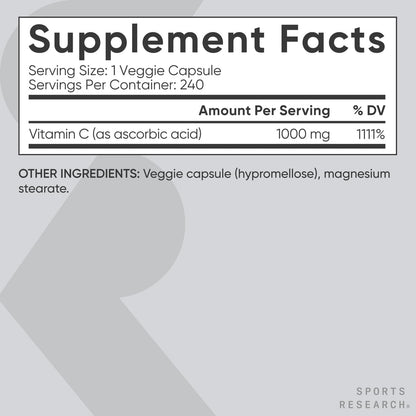Sports Research High Potency Vitamin C 1000mg - Vegan, Non-GM, Gluten-free - 240 Veggie Capsules