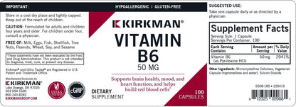 Kirkman Vitamin B-6 50 mg – Hypoallergenic Vitamin B6 Supplement, 100 Vegetarian Capsules