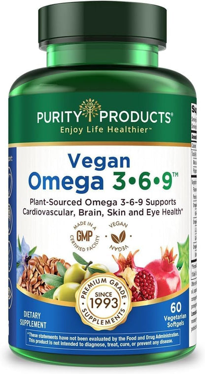 Purity Products Vegan Omega 3-6-9 – 5-in-1 Plant-Based Essential Fatty Acid Complex (60 Softgels)