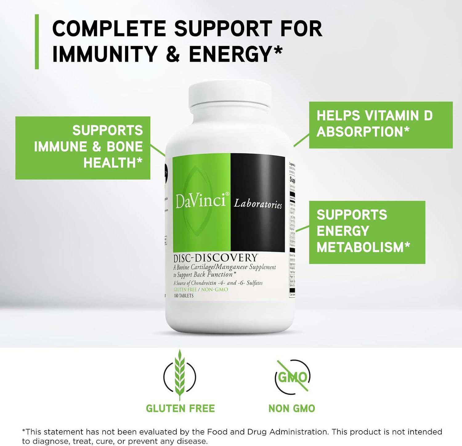 DAVINCI Labs Disc Discovery – Support Spinal Health & Back Function – with Vitamin C, Vitamin D3, Bovine Tracheal Cartilage, Apple Pectin & Horsetail Powder – Gluten-Free – 180 Capsules - görsel 3