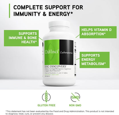 DAVINCI Labs Disc Discovery – Support Spinal Health & Back Function – with Vitamin C, Vitamin D3, Bovine Tracheal Cartilage, Apple Pectin & Horsetail Powder – Gluten-Free – 180 Capsules