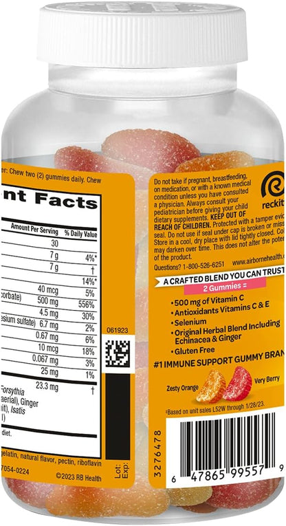 Airborne 500mg Vitamin C + Zinc Immune Support Supplement Gummies for Children, Assorted Fruit Flavour, Gluten-free Crafted Blend with Powerful Antioxidants Vitamins C & E, 63 Gummies (2 Pack)