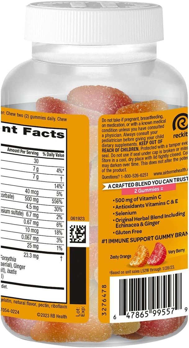Airborne Kids Vitamin C + Zinc Immune Support Gummies, 500mg, Assorted Fruit, Gluten-free, 63 Count (Pack of 4) - görsel 3