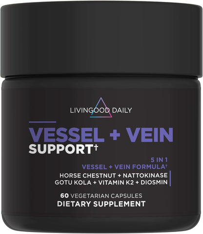 Livingood Daily Vessel & Vein Support - Circulation & Vein Health Supplement with Diosmin, Horse Chestnut, Nattokinase, Gotu Kola & Vitamin K2, Gluten-free, Vegan, 60 Capsules