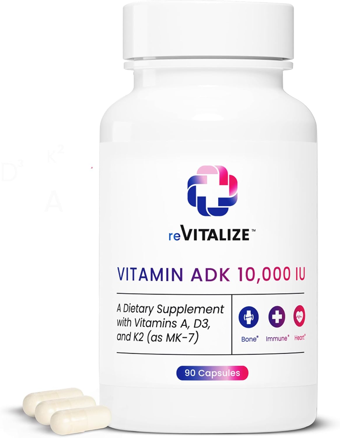 REVITALISE ADK Vitamin Supplement 10,000 IU – High Potency Vitamin A, D3 and K2 (MK-7) for Bone Strength, Heart Health and Immune Support - görsel 1