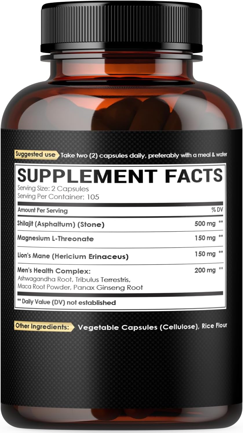 Magnesium with Lion's Mane, Shilajit Capsules, and Men's Health Complex with Ashwagandha, Maca Root & More - 210 Capsules - görsel 7