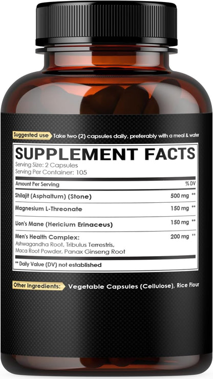 Magnesium with Lion's Mane, Shilajit Capsules, and Men's Health Complex with Ashwagandha, Maca Root & More - 210 Capsules