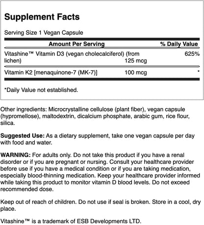 Swanson Extra Strength D3 & K2 - 5,000 IU & 100 mcg - 60 Vegan Capsules