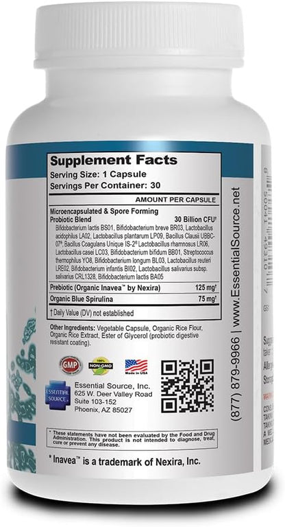 Essential Source TriActive Biotics for Men - Probiotic Capsules, 30 Billion CFU with Prebiotics & Blue Spirulina, 30 Capsules