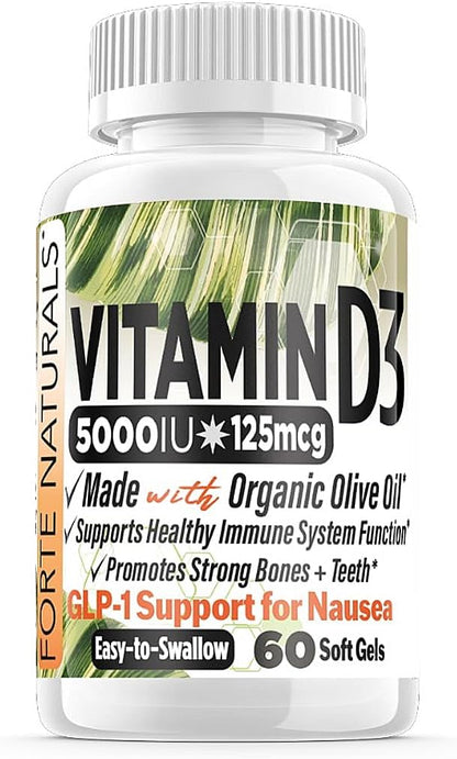 Forte Naturals Vitamin D3 5000 IU - 60 Soft gel capsule Capsules with Organic Olive Oil – Image 1