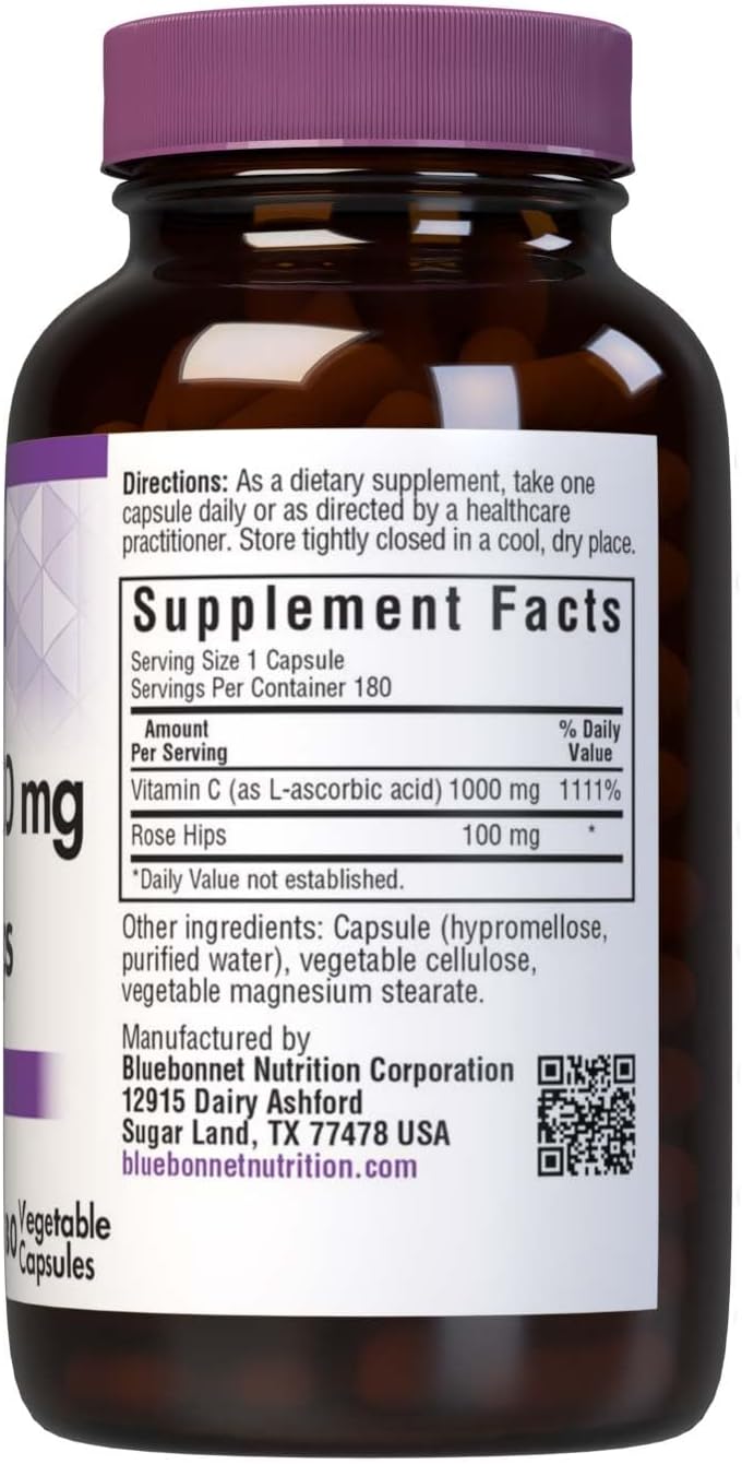 BlueBonnet Vitamin C 1000mg with Rose Hips – L-Ascorbic Acid, Vegan, Non-GM – 180 Vegetable Capsules - görsel 2