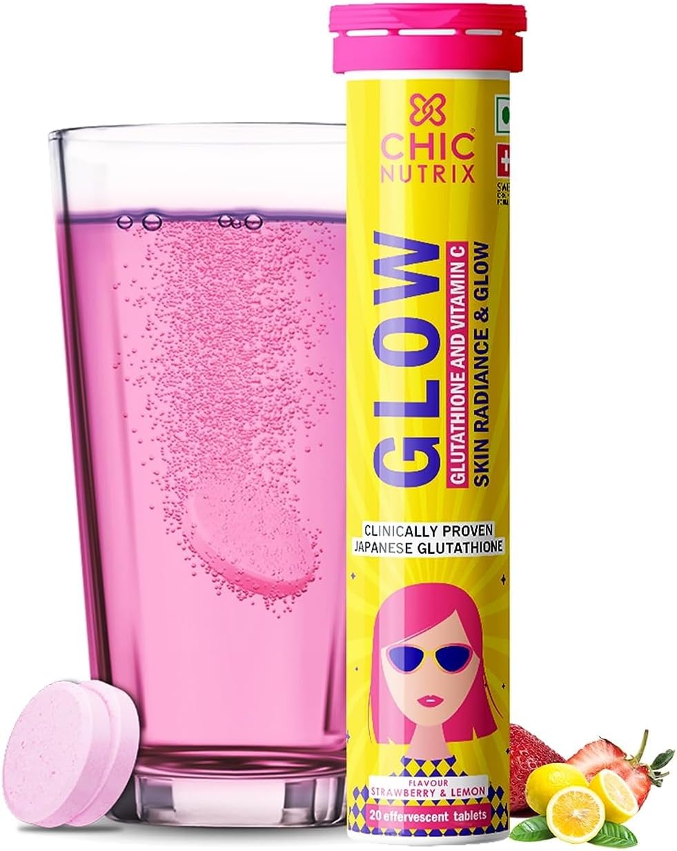 THRU Glow - Japanese Glutathione 500 mg and Vitamin C Effervescent Tablets, Strawberry-Lemon, 20 Count - görsel 1