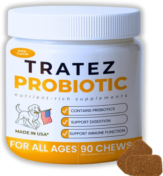 TRATEZ Probiotics for Dogs - Bacillus Coagulans & Prebiotic Fibre Soft Chews - Digestive and Immune Support - Duck Flavour - 90 Count