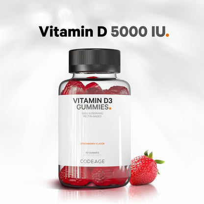 Codeage Vitamin D3 Gummies, 5000 IU Cholecalciferol, Pectin-Based, Strawberry Flavour, 60 Gummies